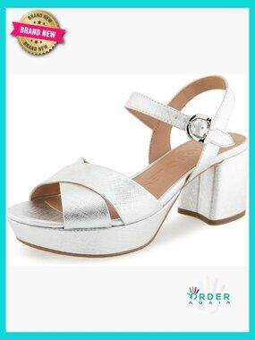 Heeled Sandals Platform Chunky Heels Open Toe Ankle Strap Faux Leather Silver